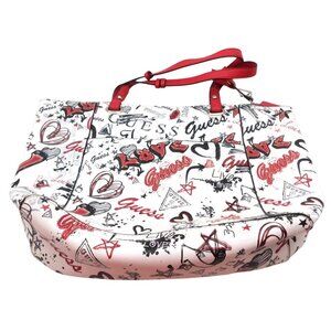 Guess Tote Bag Satchel Purse White and Red Graffiti Love Heart Star Logo